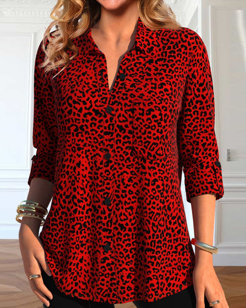 Leopard print lapel casual shirt
