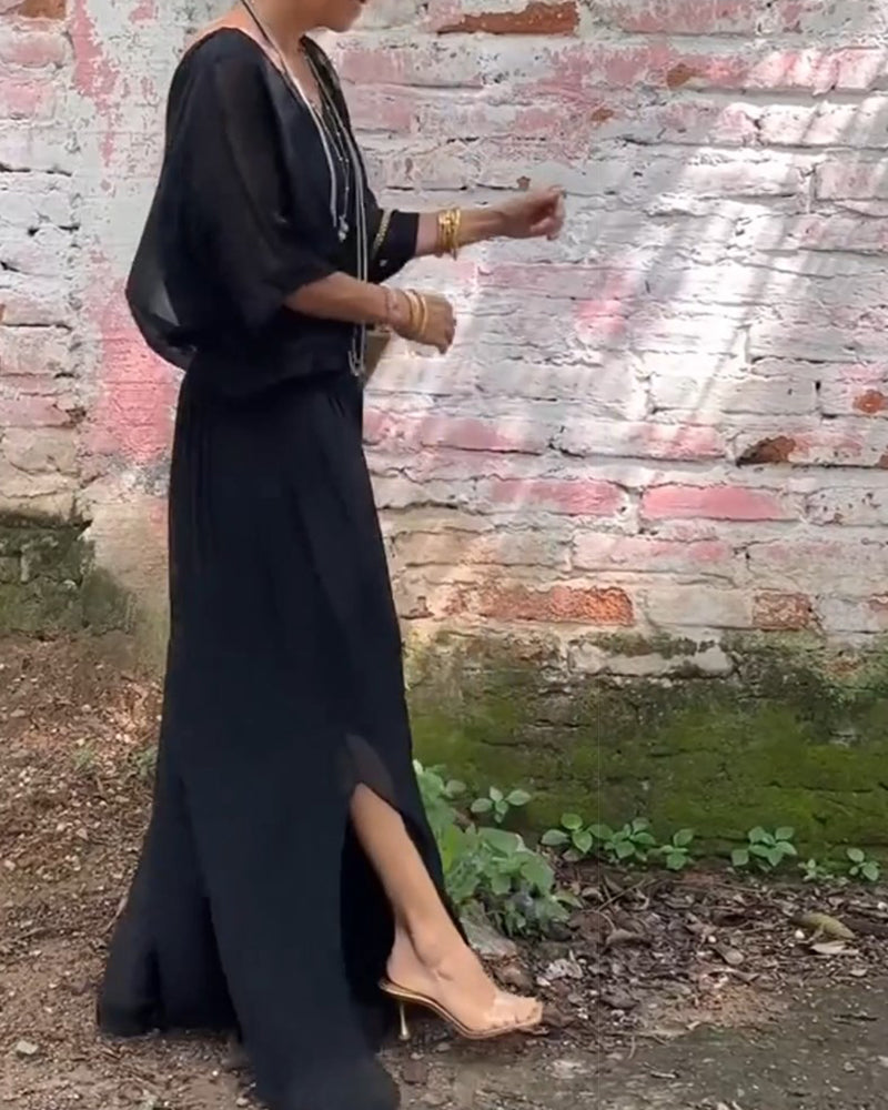 Solid color V-neck casual two-piece suit