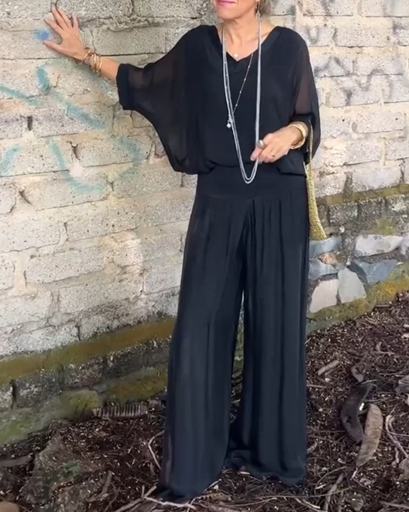 Solid color V-neck casual two-piece suit