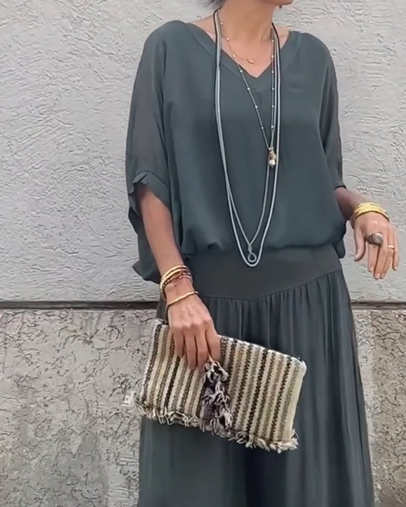 Solid color V-neck casual two-piece suit