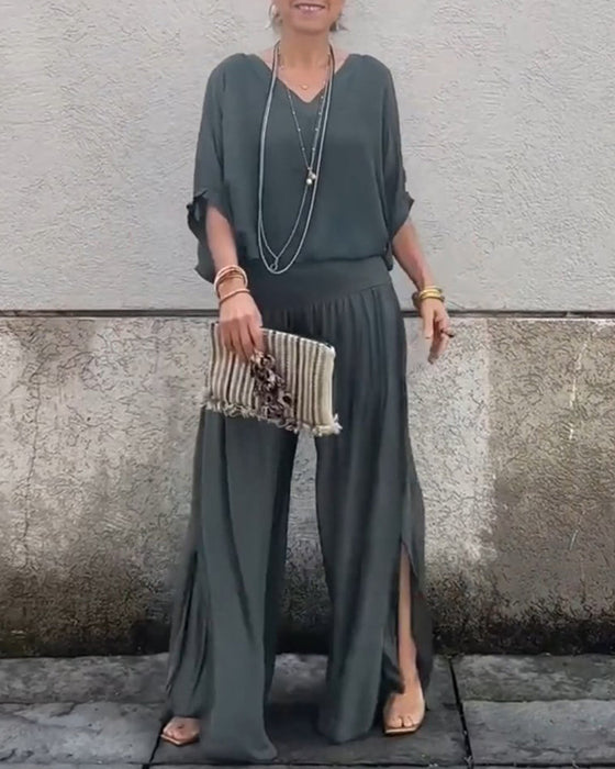 Solid color V-neck casual two-piece suit