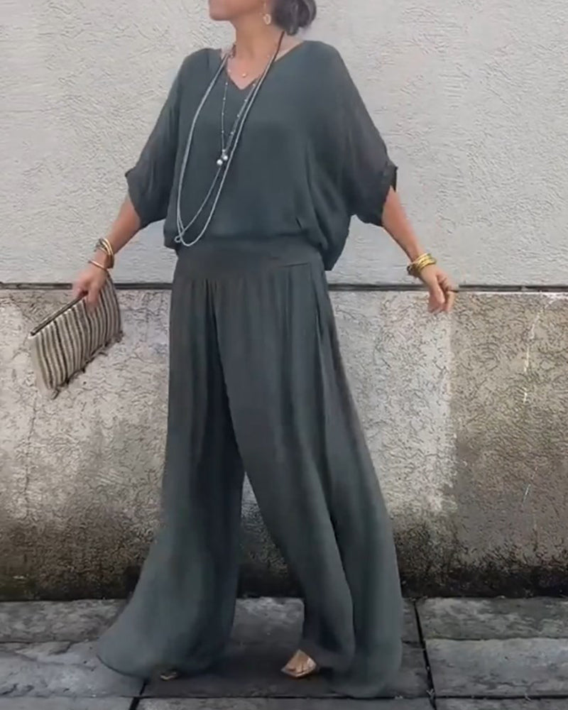 Solid color V-neck casual two-piece suit