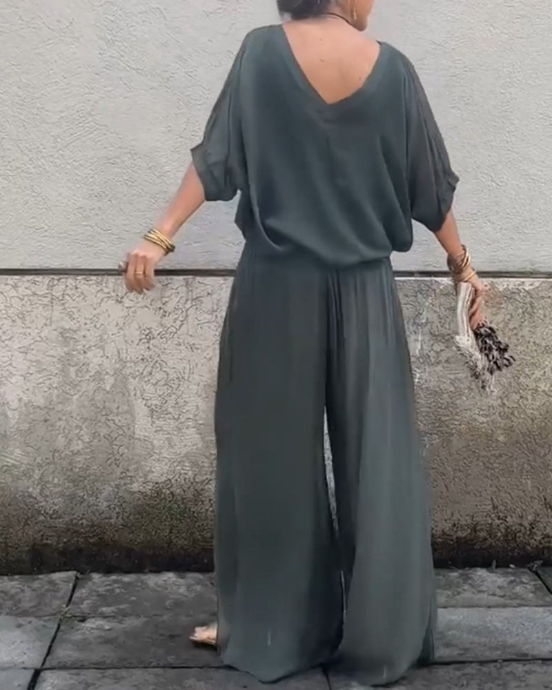 Solid color V-neck casual two-piece suit