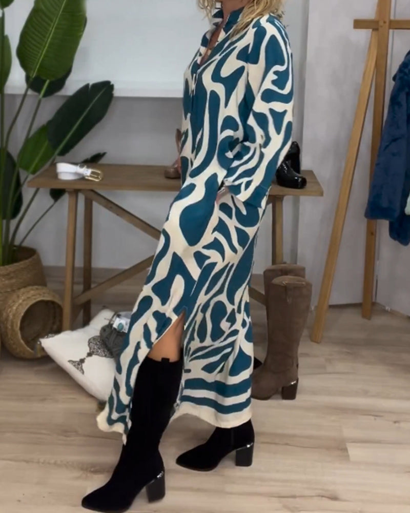 Lapel side slit printed dress