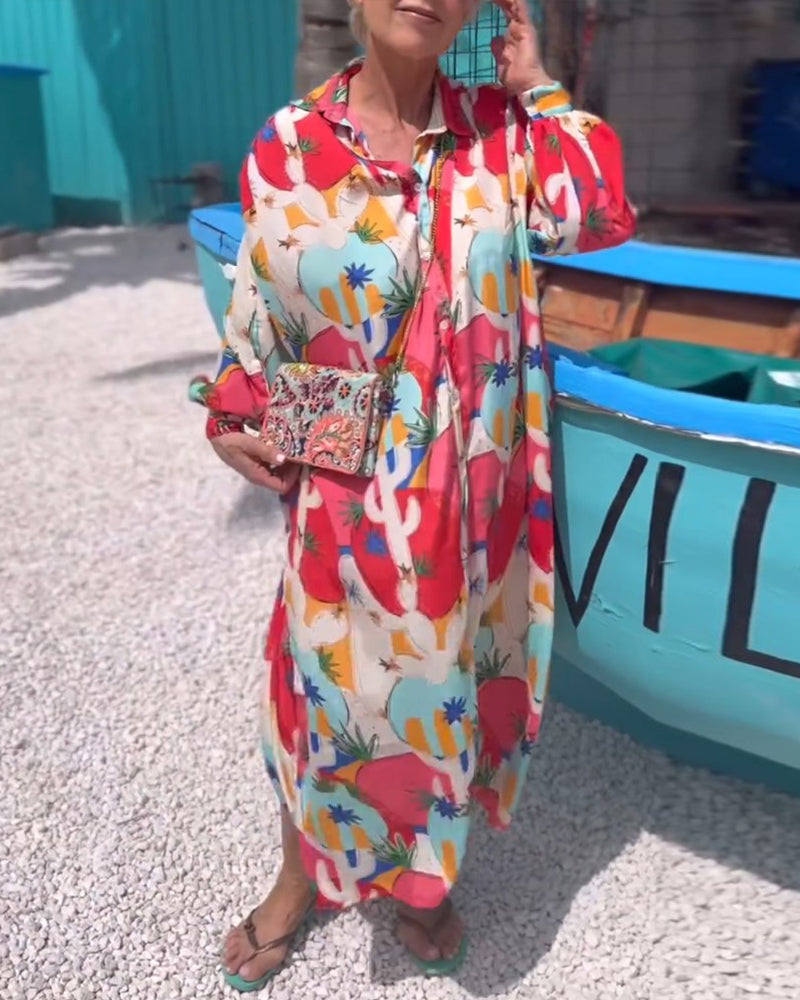 Printed lapel long sleeve dress