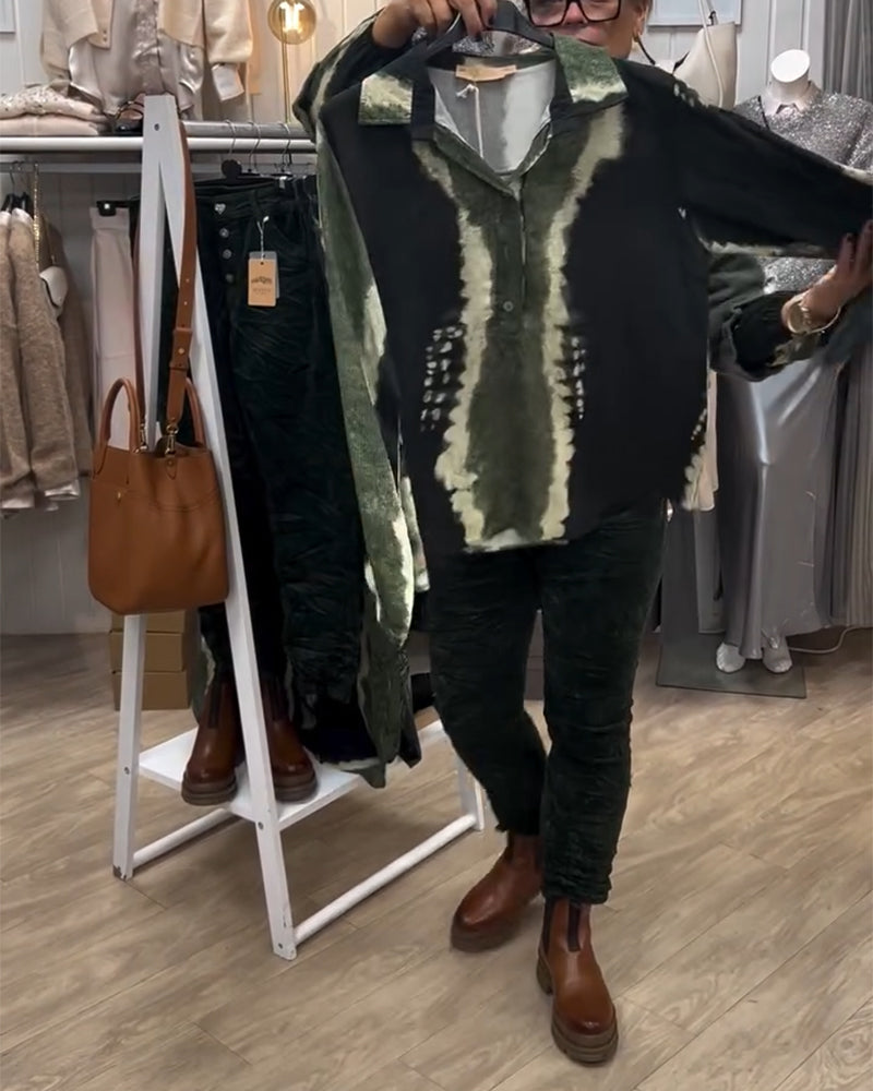 Lapel Retro Color Block Long Sleeve Shirt