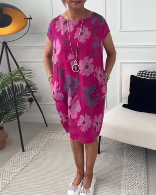 Casual floral print short-sleeve pockets loose dress