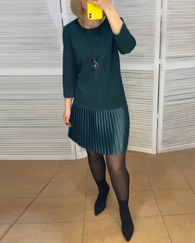Pleated patchwork solid color dress