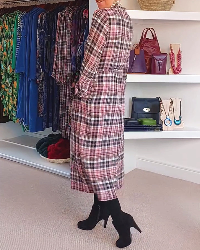 Long-Sleeved V-Neck Plaid Dress