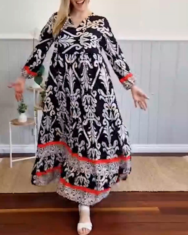 Retro printed V-neck long dress
