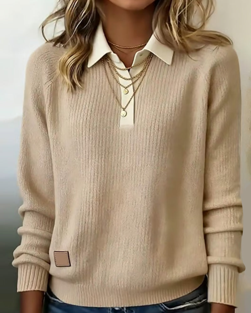 Lapel Patchwork Pullover Jumper