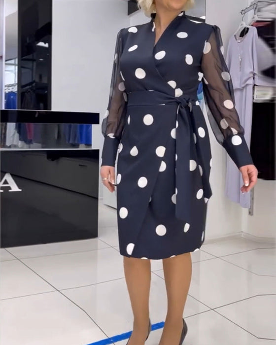 Polka dot print see-through long-sleeve dress