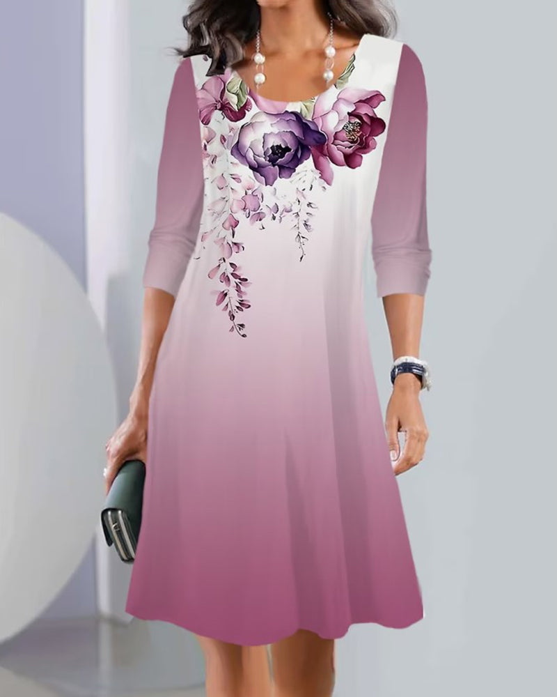 Printed long sleeve crew neck dress