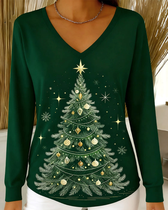 V-Neck Long-Sleeved Christmas Print Top