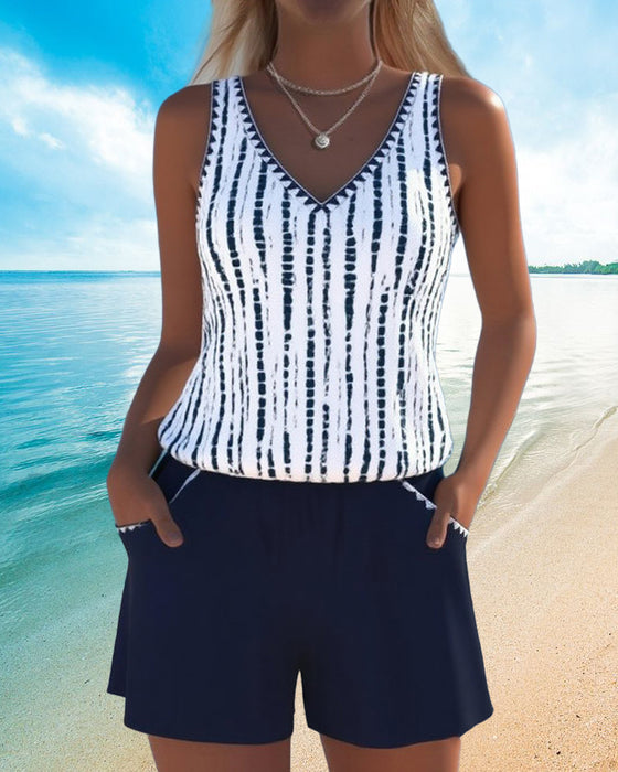 Casual Pocket V-Neck Printed Two-Piece Swimsuit