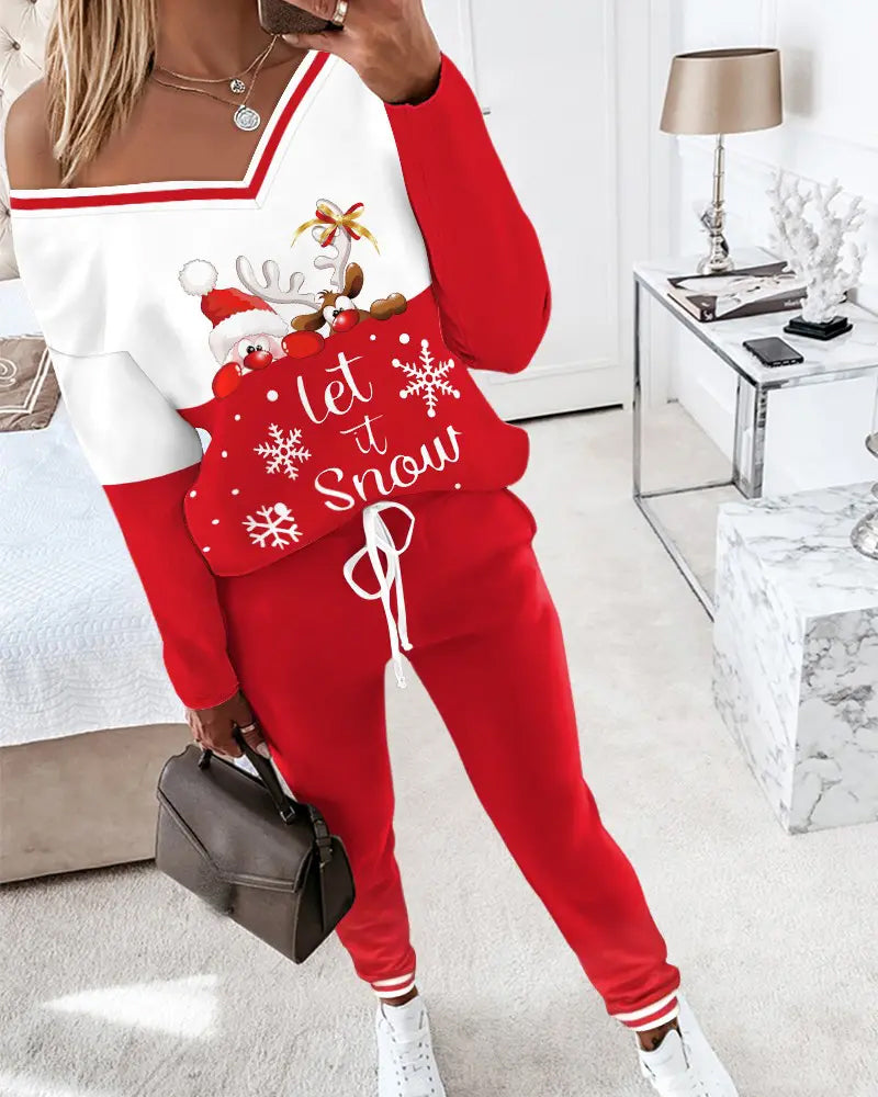 Casual Sports V-Neck Christmas Print Set
