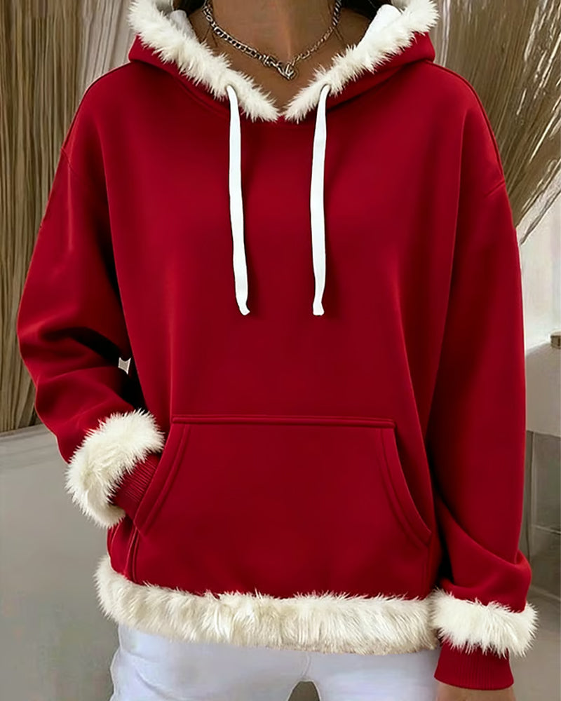 Furry Trim Hooded Pocket Sweatshirt