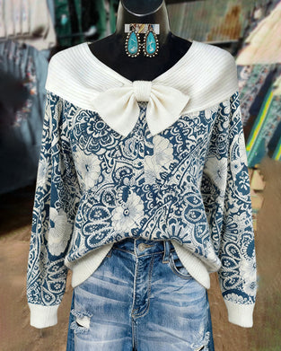 Bowknot Vintage Printed Sweater