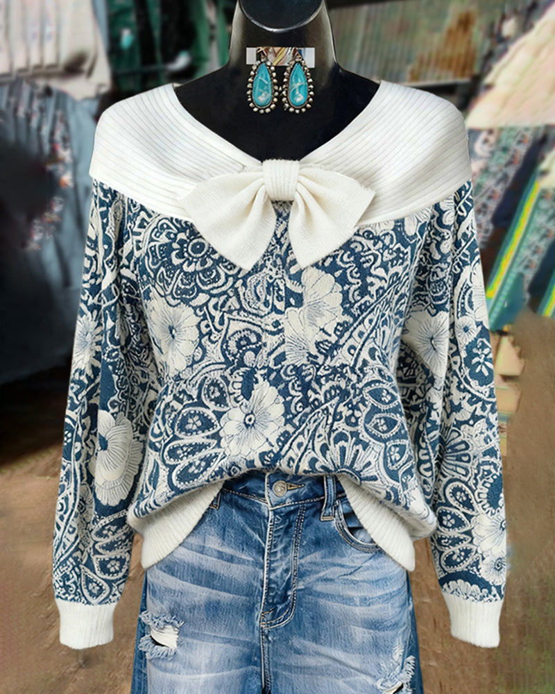 Bowknot Vintage Printed Sweater