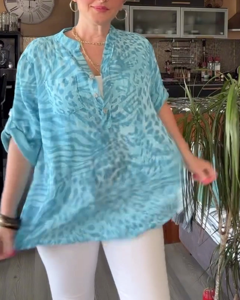 Printed V-neck pocket button three-quarter sleeves blouse