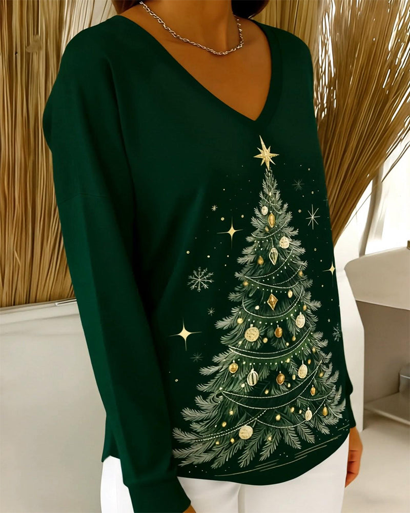 V-Neck Long-Sleeved Christmas Print Top