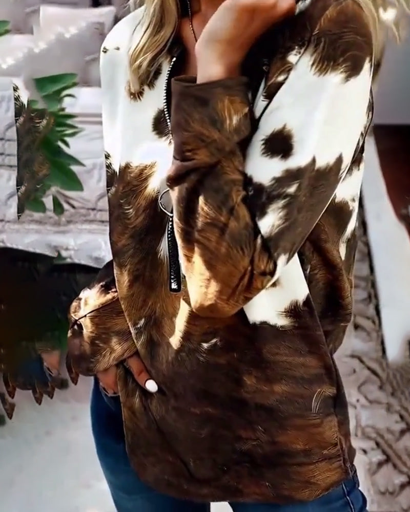 Fashionable Zipper Long-Sleeve Printed T-Shirt