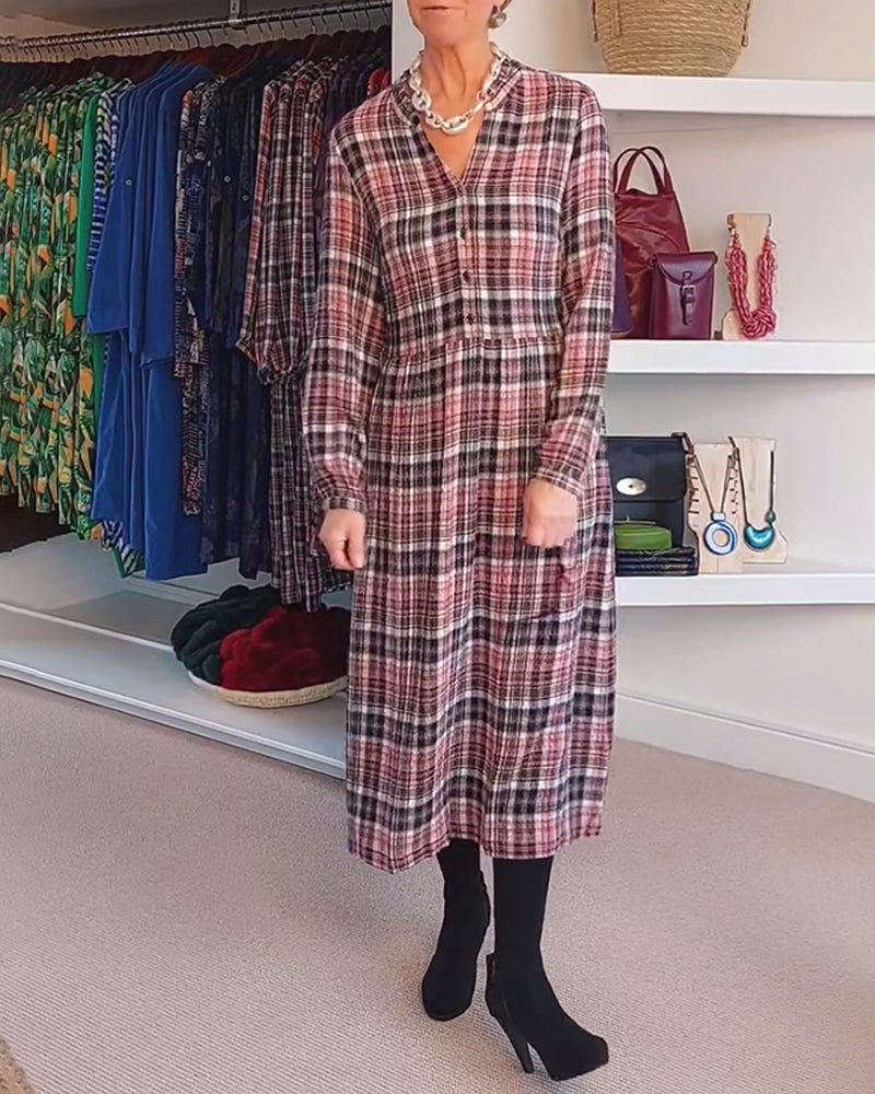 Long-Sleeved V-Neck Plaid Dress
