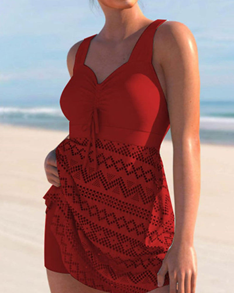 Solid Color Lace Panel Tankini