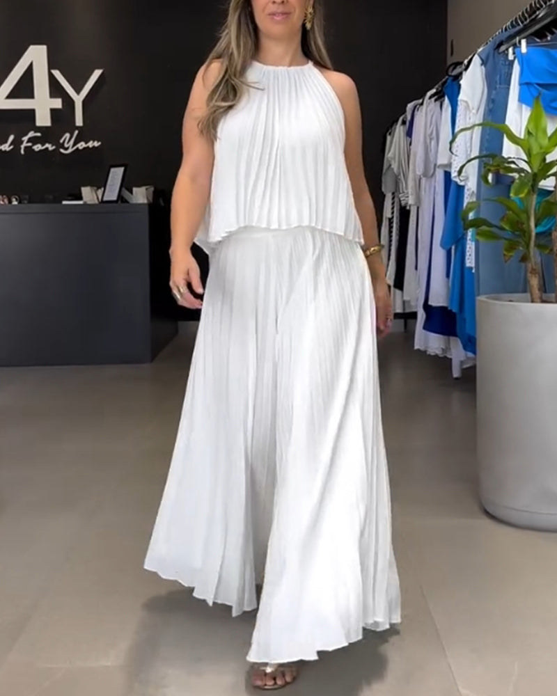Pleated solid color sleeveless two-piece set