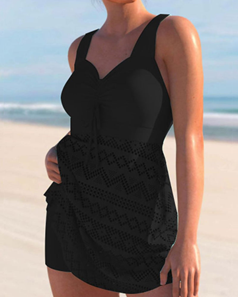 Solid Color Lace Panel Tankini