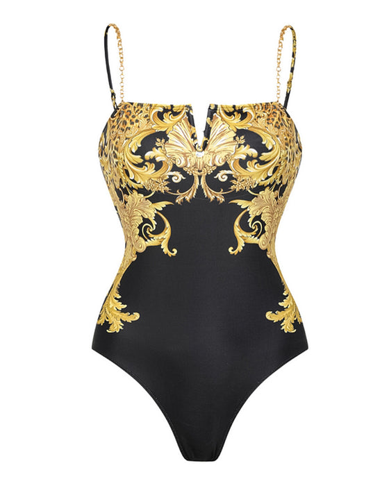 Vintage Printed Mesh Sun Protection Swimsuit