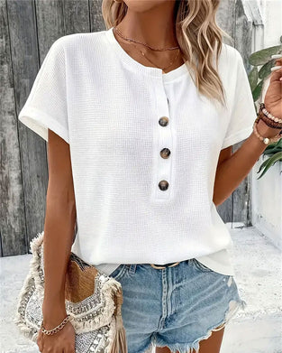 Crew Neck Button Knit T-Shirt
