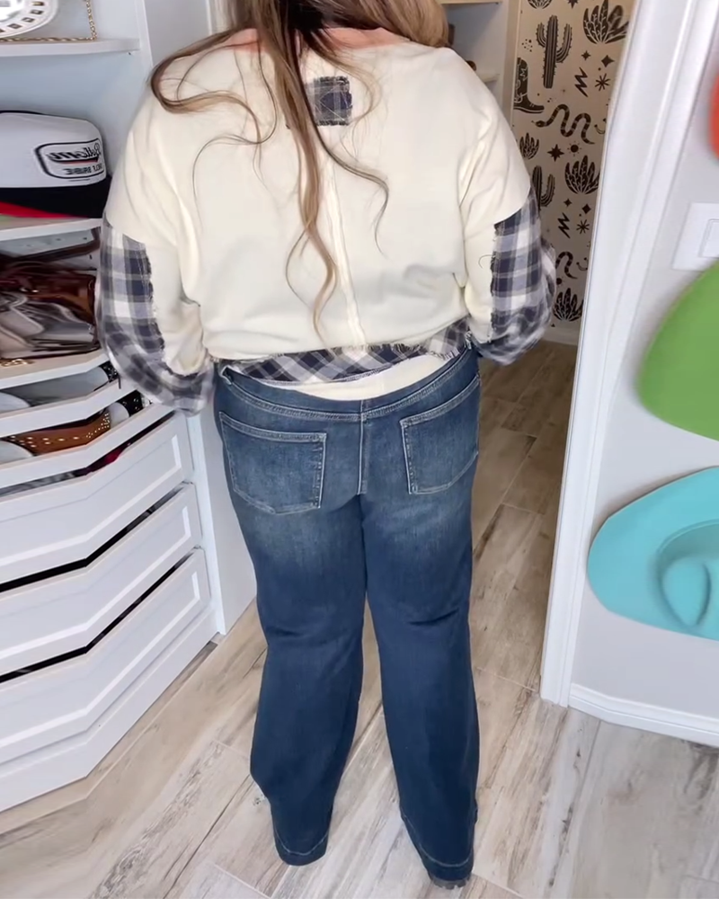 Fashionable Plaid Contrast Color Loose Sweatshirt