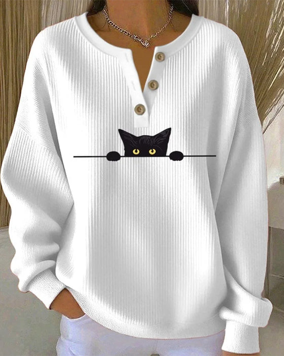 Button-Up Casual Printed Striped Sweatshirt