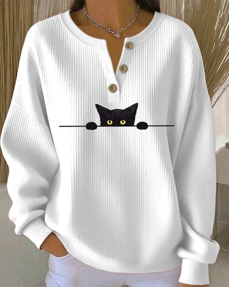 Button-Up Casual Printed Striped Sweatshirt