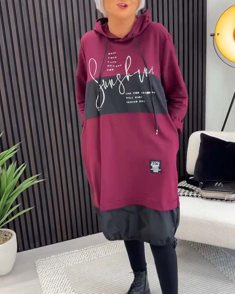 Casual color block letter print pocket hooded dress