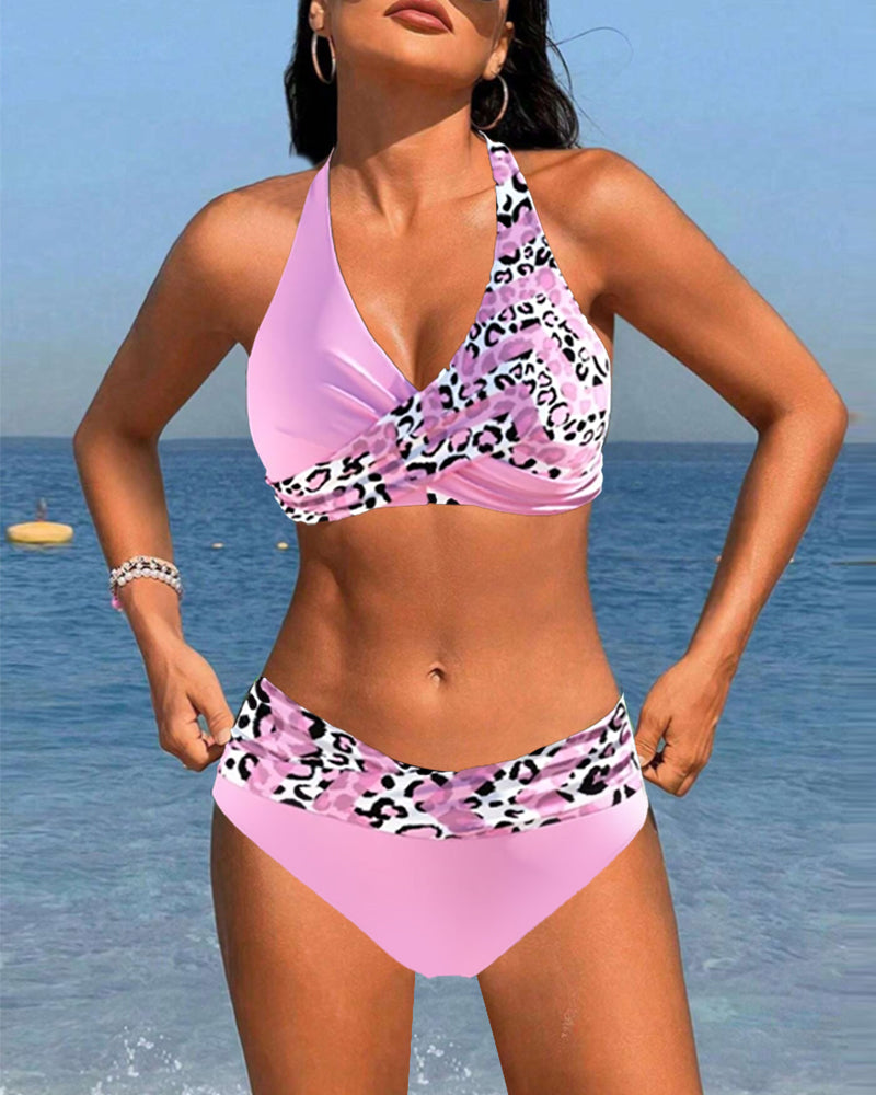 Halterneck leopard patchwork print bikini