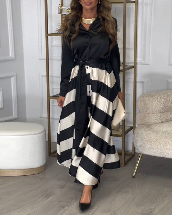 Elegant striped printed lapel strap dress