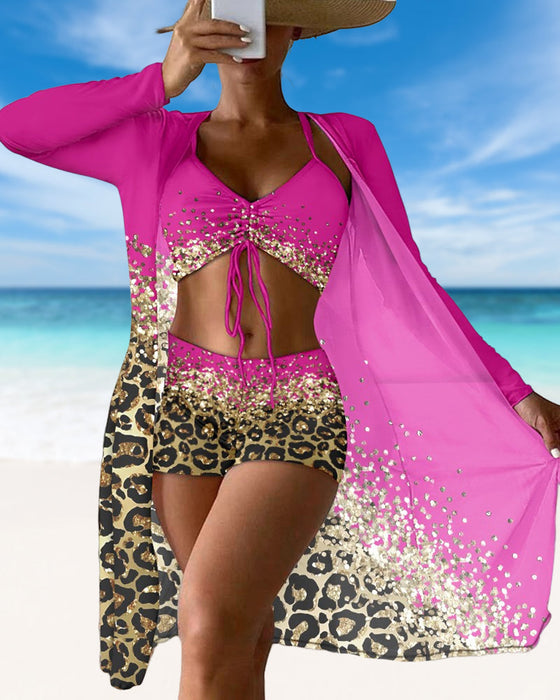 Leopard Ombre Print Swimsuit Three-Piece Set