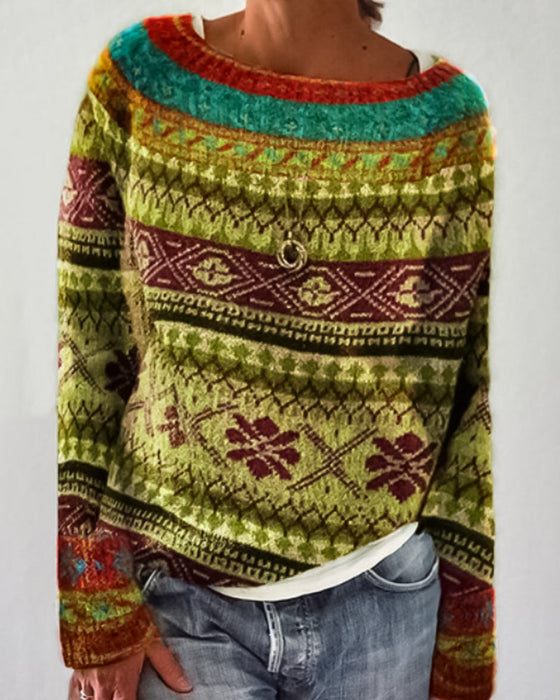 Round neck color block pullover sweater