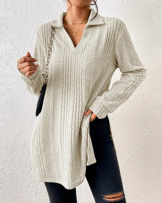 Rib solid color lapel top
