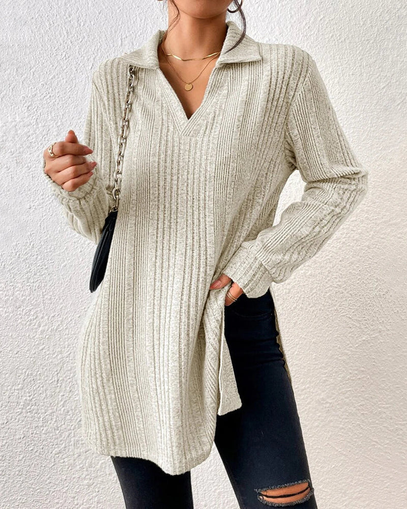 Rib solid color lapel top