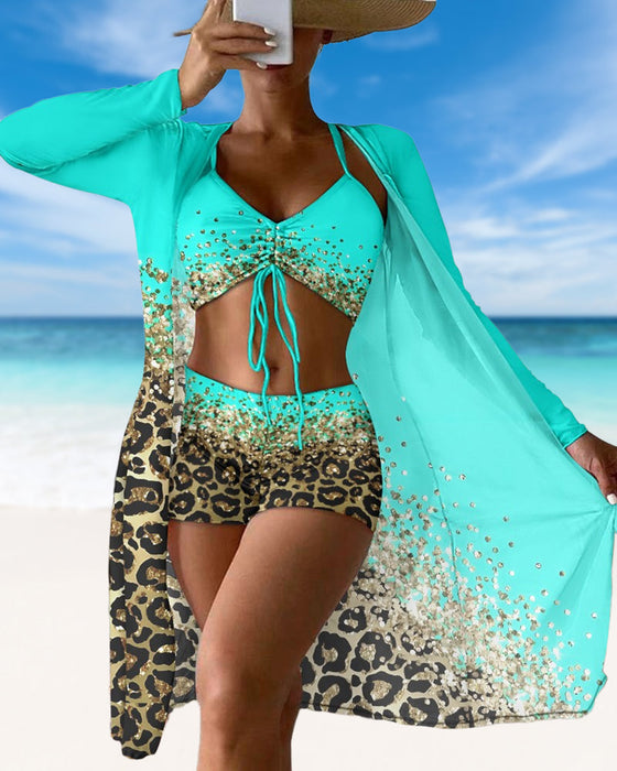 Leopard Ombre Print Swimsuit Three-Piece Set