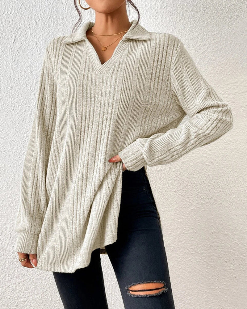 Rib solid color lapel top