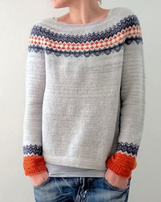 Round neck color block pullover sweater