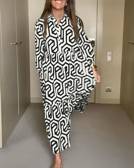 Geometric Print Nine Points Sleeve Dress
