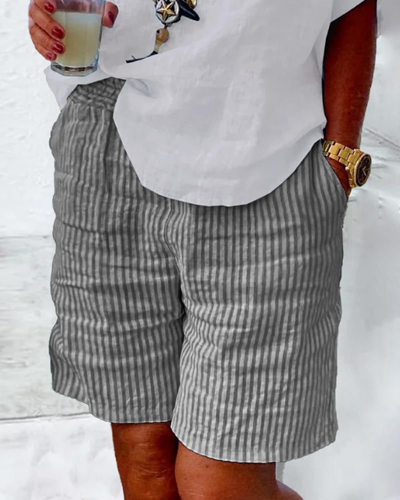 Cotton and linen stripe print shorts