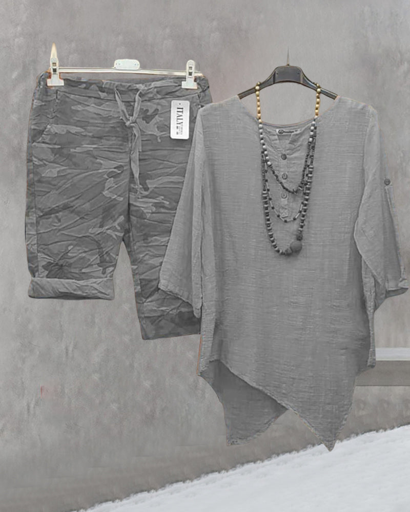 Round Neck Top and Camouflage Print Pant Set