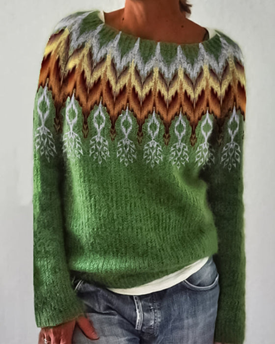 Round neck color block pullover sweater
