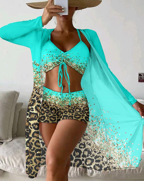 Leopard Ombre Print Swimsuit Three-Piece Set